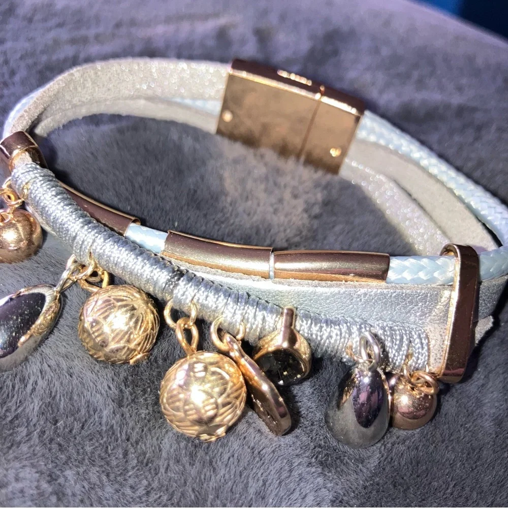 He Is Love Gold‎ & Silver Charms on Gray Layered Leather Bracelet Magnetic Clasp